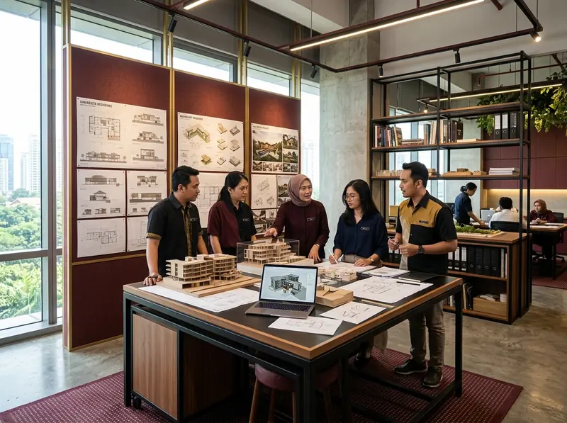 Tim profesional Maroon Arsitek bekerja di studio desain Jakarta