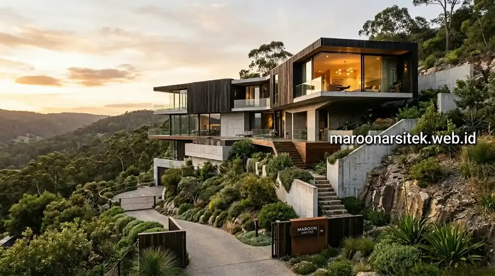 Ilustrasi Desain Rumah Modern di Lahan Miring Berkontur — Maroon Arsitek