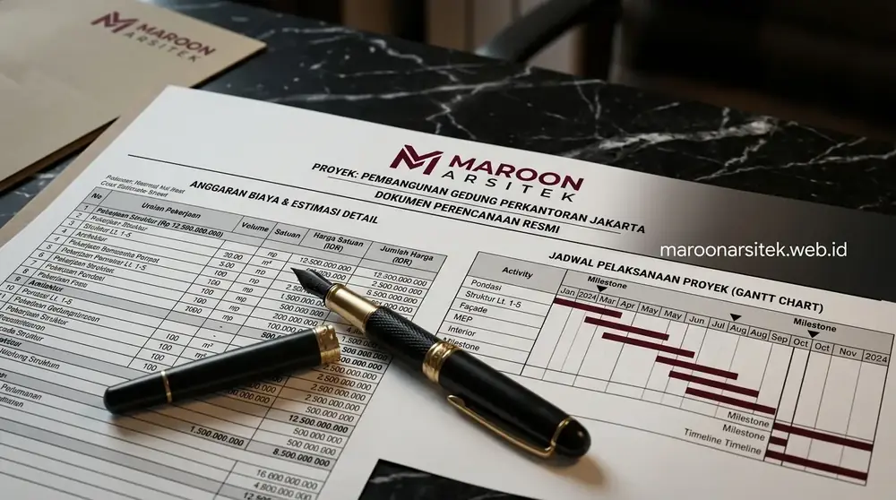 Ilustrasi dokumen transparansi biaya dan jadwal proyek arsitektur Maroon Arsitek