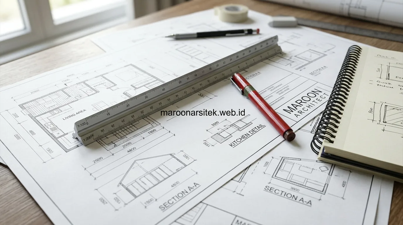 Arsitek rumah meninjau gambar kerja untuk mencegah salah bangun — Maroon Arsitek