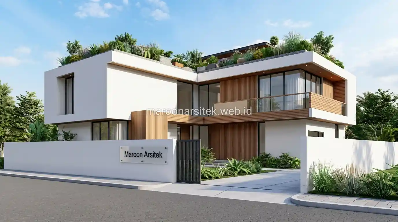 Ide atap datar dengan roof garden pada rumah minimalis — Maroon Arsitek