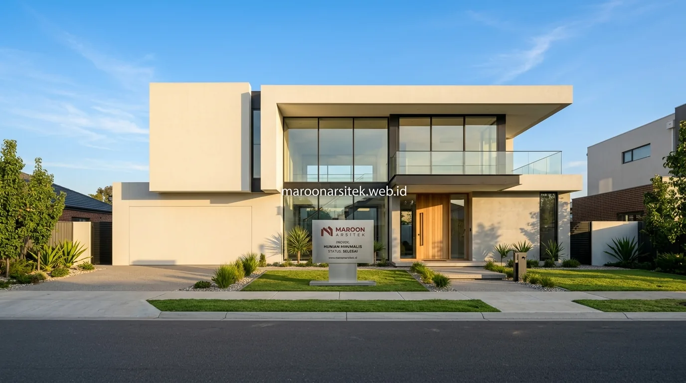 Hasil fasad rumah minimalis presisi sesuai gambar 3D — Maroon Arsitek