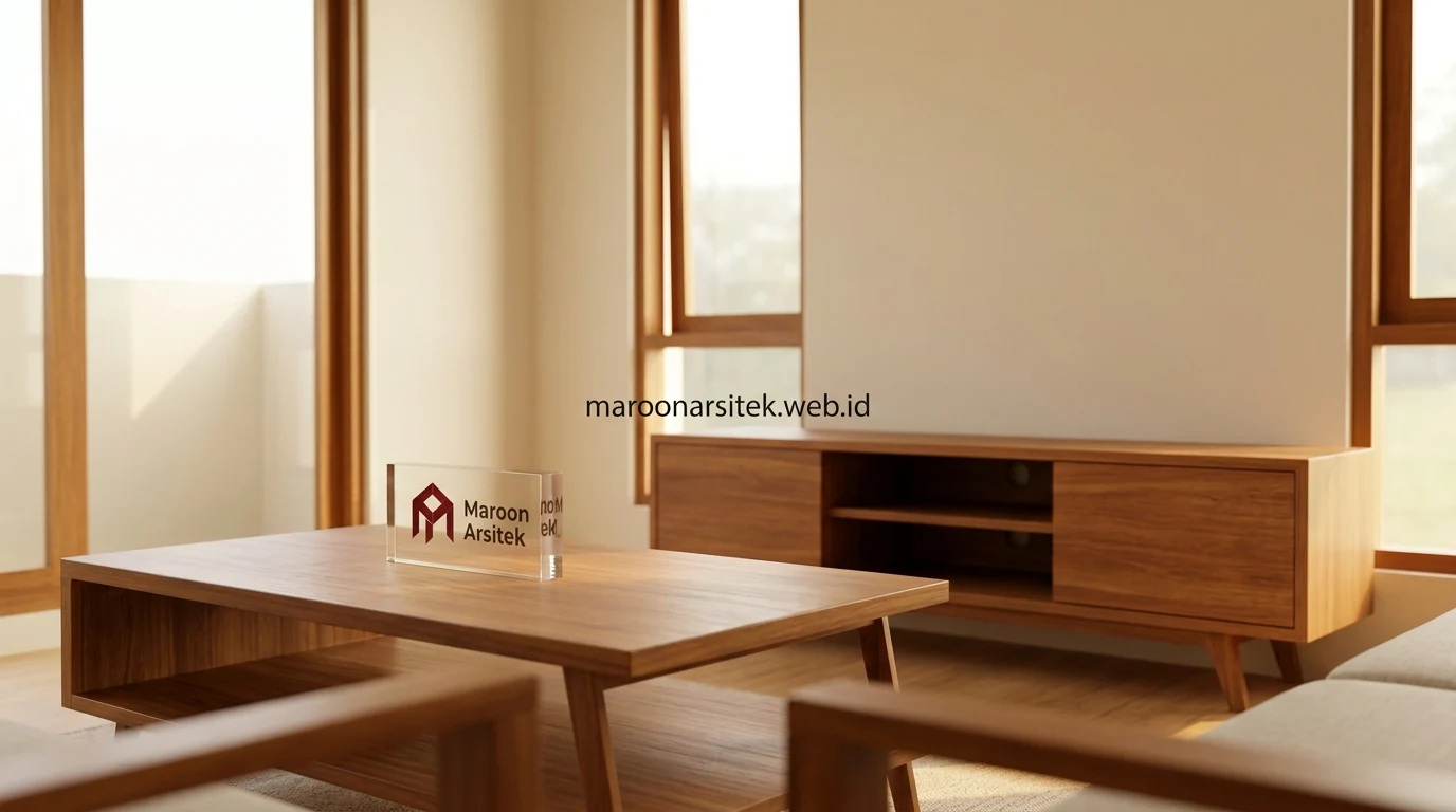 Furnitur interior minimalis dengan tone warna hangat — Maroon Arsitek