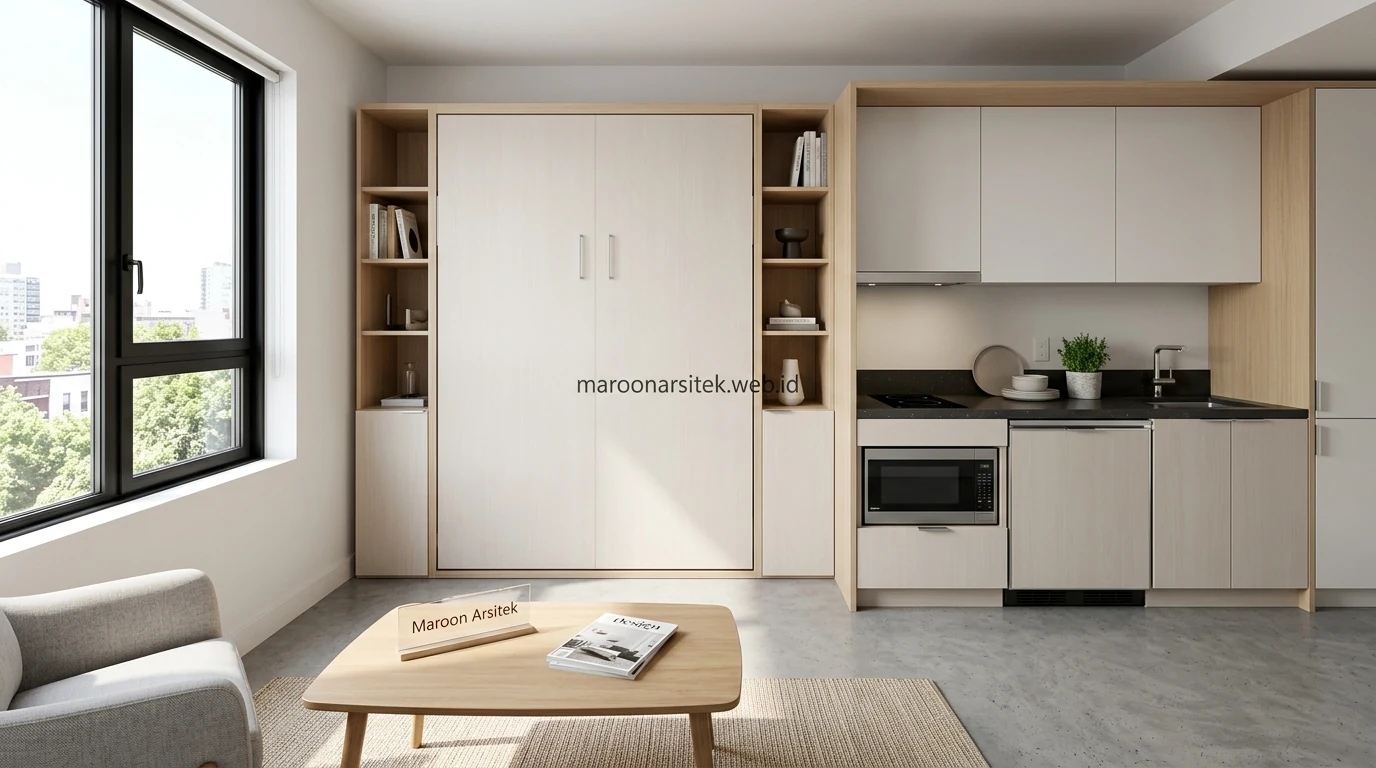 Interior apartemen custom dengan furnitur multifungsi untuk unit studio — Maroon Arsitek