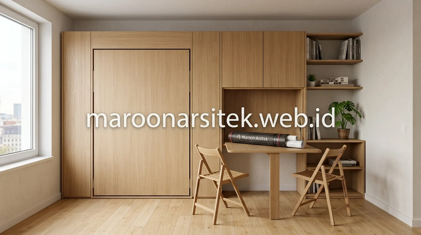 Kasur lipat dan meja makan gantung pada interior apartemen studio