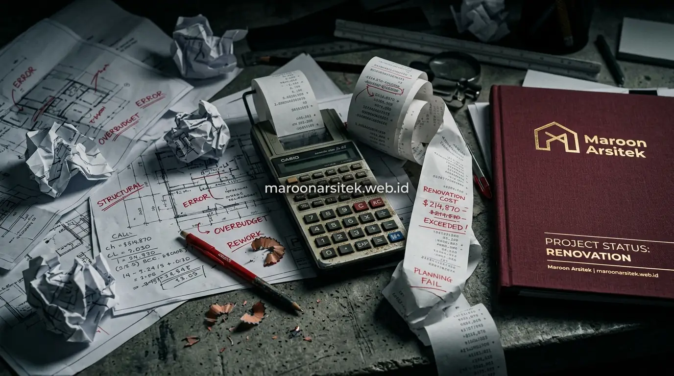 Ilustrasi kesalahan renovasi rumah yang menyebabkan overbudget — Maroon Arsitek