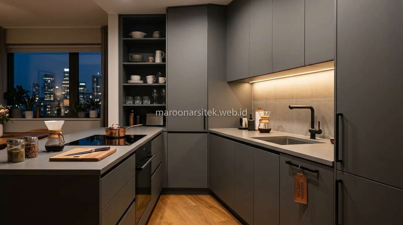 Kitchen set custom dengan penyimpanan rapi hasil jasa desain interior