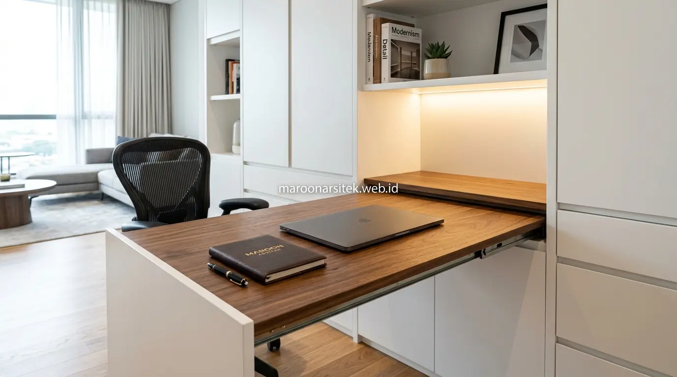 Meja kerja tersembunyi dalam unit furnitur custom — Maroon Arsitek