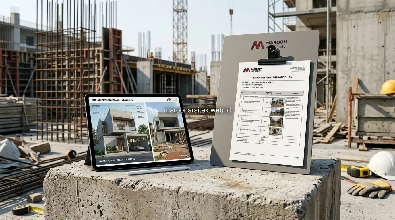 Pelaporan rutin progres konstruksi rumah kepada klien