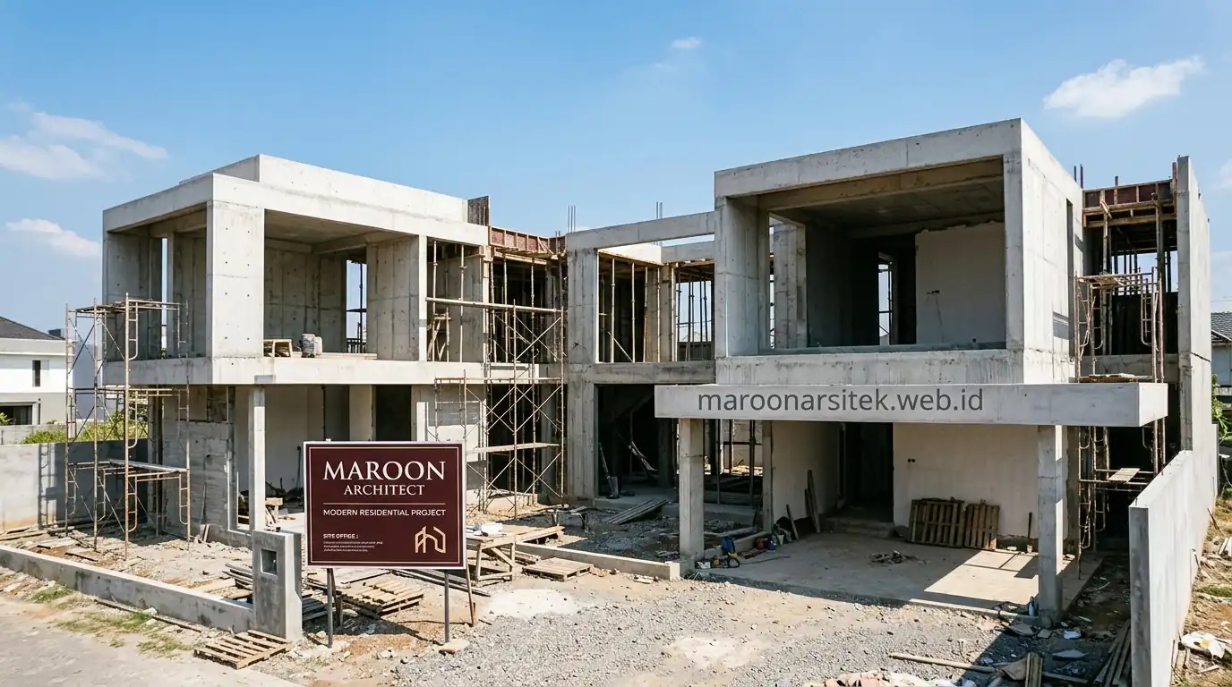 Pengawasan proyek pembangunan rumah oleh tim kontraktor Maroon Arsitek