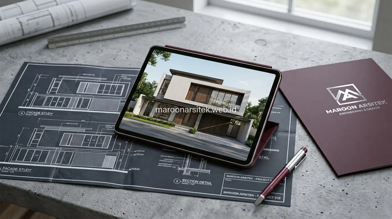 Perbandingan desain 3D dan realisasi fasad rumah minimalis