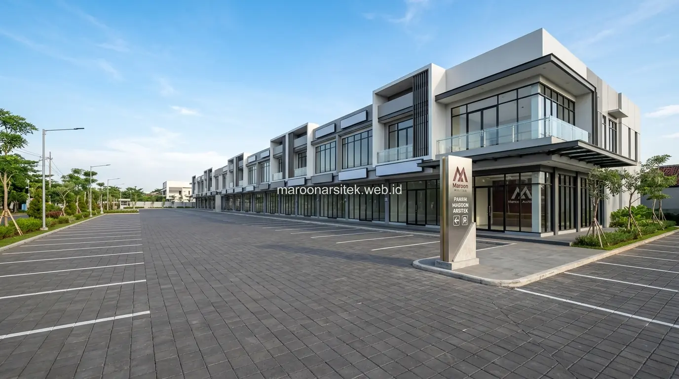 Desain ruko modern minimalis dengan area parkir luas — Maroon Arsitek