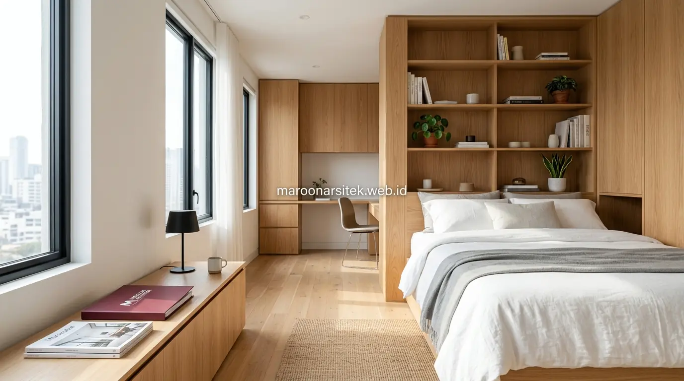 Sofa bed convertible dan partisi geser pada unit studio