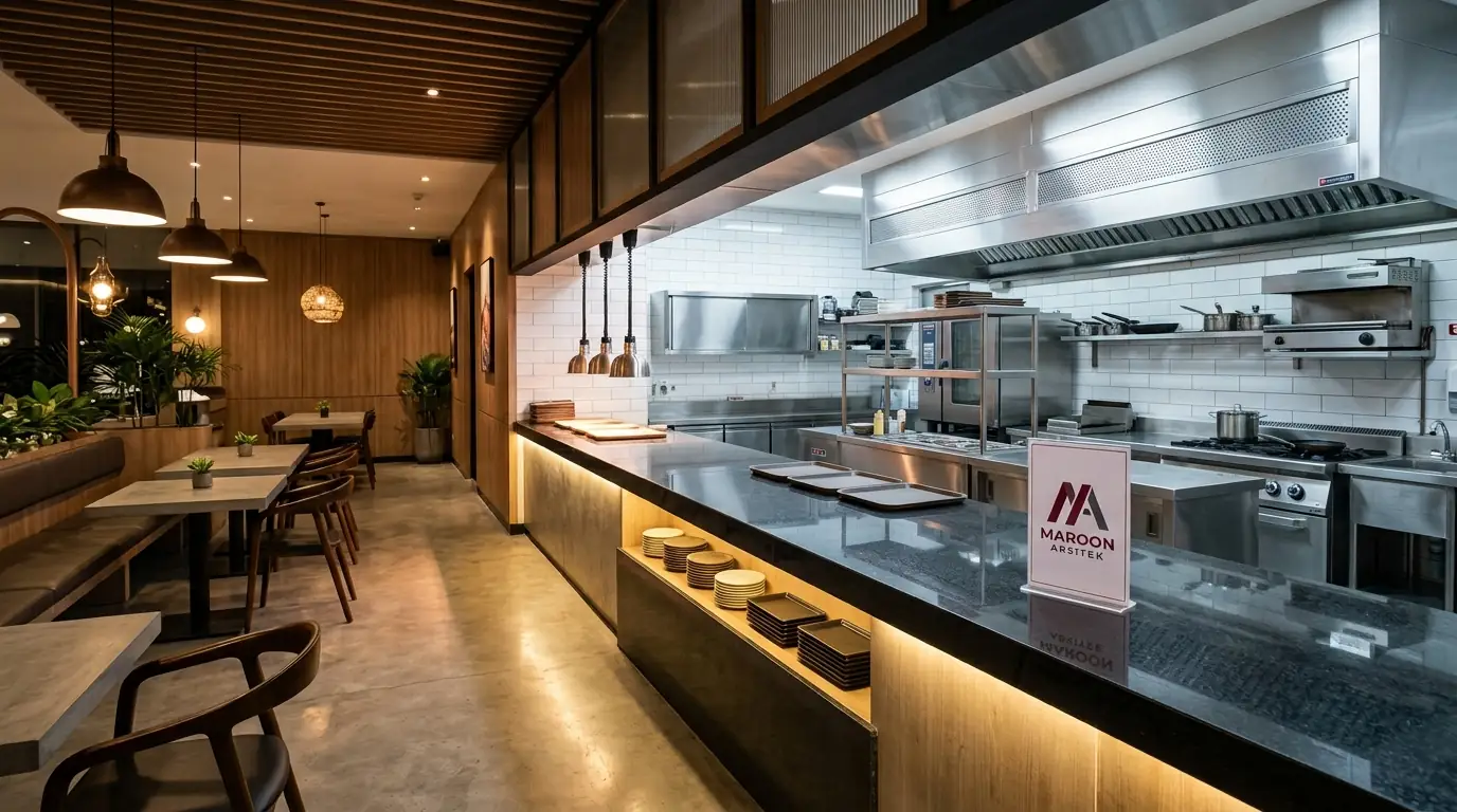 Tata letak dapur dan area makan cafe yang efisien — Maroon Arsitek