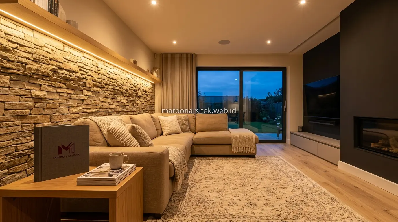 Titik cahaya hangat pada ruang keluarga interior modern