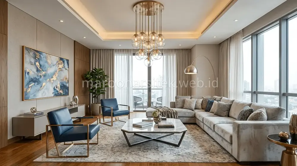 Living Room Modern Elegan Bernuansa Hangat — Maroon Arsitek