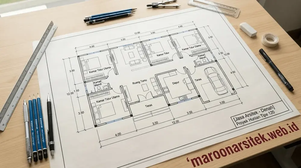 Gambar kerja denah dan perancangan arsitektur Maroon Arsitek